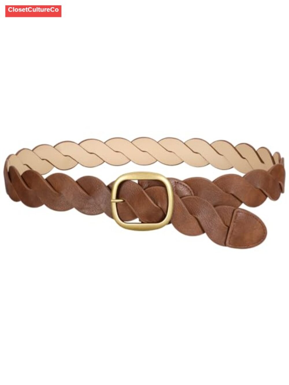 Woven PU Leather Wide Waist Belt Vintage Gold Buckle No Hole Adjustable